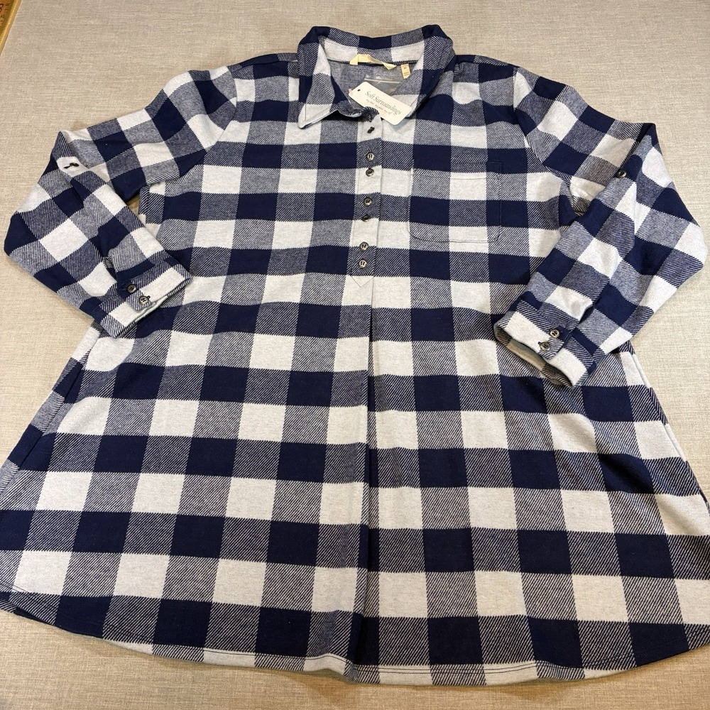 Soft Surroundings Mad About Plaid Blue Flannel Tunic Top XL Long Sleeve Swing